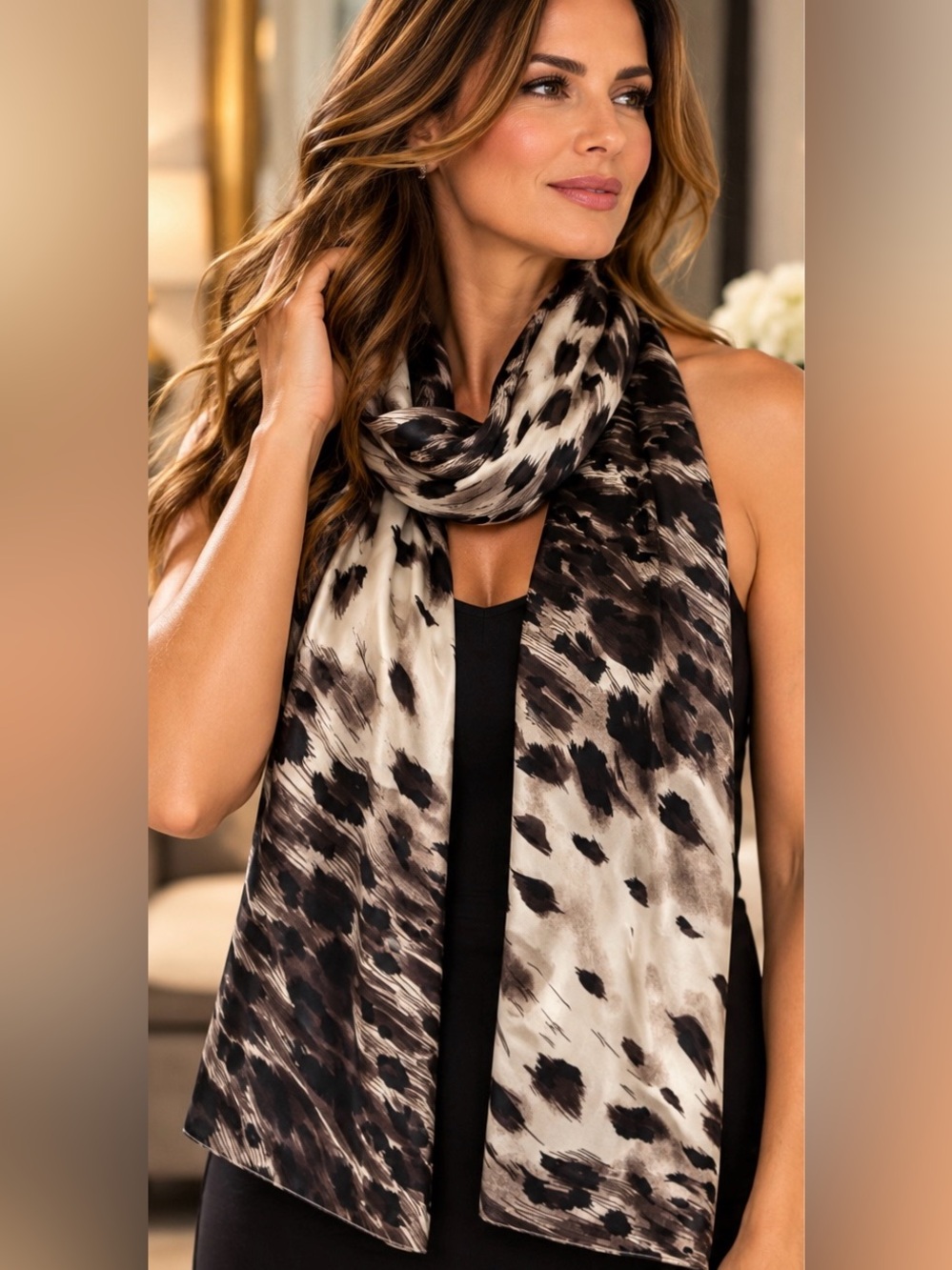 Vintage Leopard Animal Print Satin Scarf Long Silky Black Brown Ivory Glam